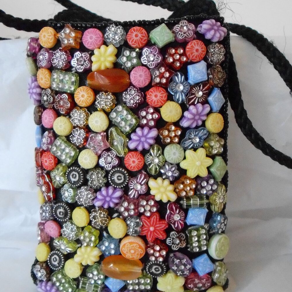 Lavola Small Black Multi-Color Beaded Fabric Crossbody Pouch-Very Cute! - Picture 2 of 4